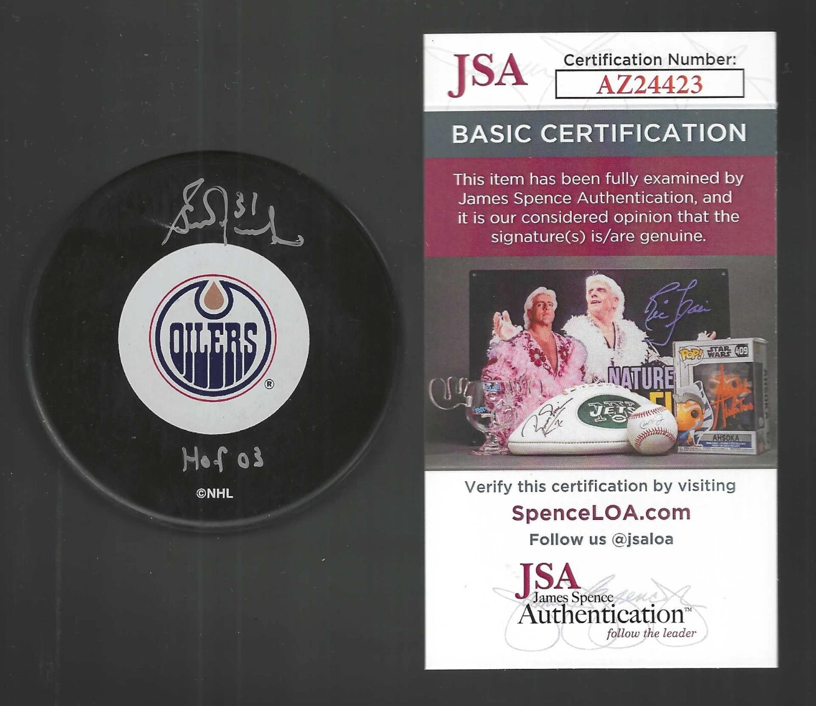 Grant Fuhr Signed & Inscribed Edmonton Oilers Puck JSA COA