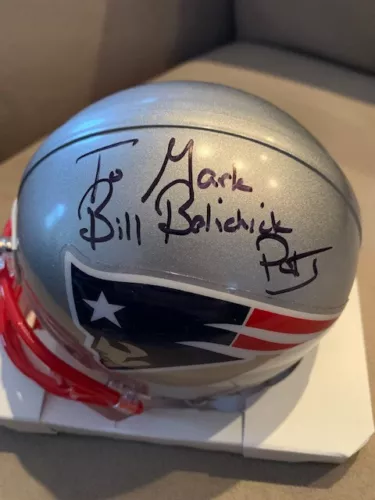 BILL BELICHICK HAND SIGNED PATRIOTS MINI HELMET SIGNED TO MARK JSA COLLECTIBLE MEMORABILIA