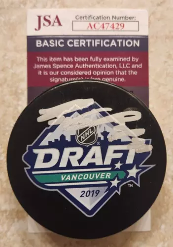 BOBBY BRINK SIGNED 2019 NHL DRAFT PUCK W/ JSA COA #AC47429 PHILADELPHIA FLYERS COLLECTIBLE MEMORABILIA