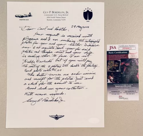Guy Bordelon Handwritten Signed Autographed 8.5 x 11 Letter JSA Korean War Ace