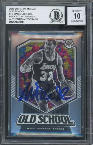 MAGIC JOHNSON SIGNED 2019 PANINI MOSAIC OLD SCHOOL #16 CARD AUTO 10 BAS SLABBED COLLECTIBLE MEMORABILIA