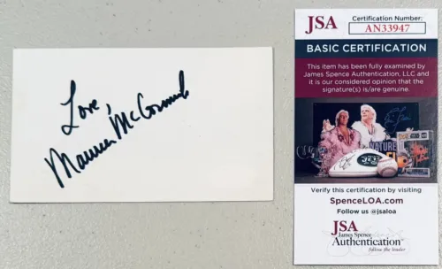 MAUREEN MCCORMICK SIGNED AUTOGRAPHED 3×5 CARD JSA CERT BRADY BUNCH COLLECTIBLE MEMORABILIA