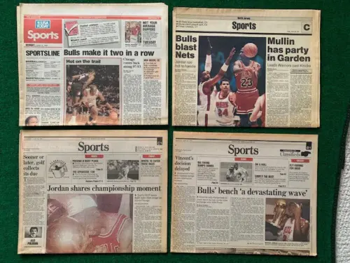 MICHAEL JORDAN LOT OF 4 ORIGINAL NEWSPAPERS FIRST 2 BULLS TITLES RARE COLLECTIBLE MEMORABILIA