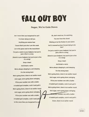 PATRICK STUMP SIGNED AUTO FALL OUT BOYS LYRIC SHEET JSA SUGAR, WE’RE GOIN DOWN COLLECTIBLE MEMORABILIA