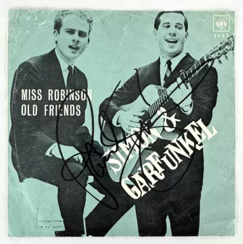PAUL SIMON SIGNED AUTOGRAPH 45 RMP VINYL RECORD & GARFUNKEL MISS ROBINSON W/ BAS COLLECTIBLE MEMORABILIA