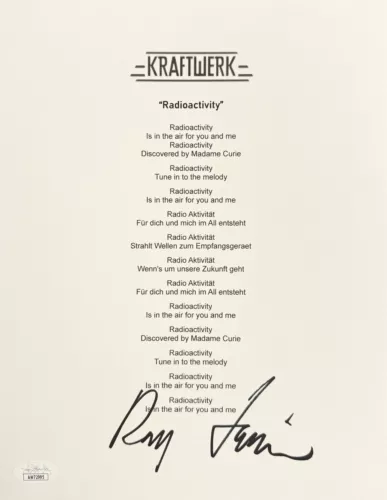 RALF HUTTER SIGNED AUTOGRAPHED KRAFTWERK “RADIOACTIVITY” LYRIC SHEET JSA COA COLLECTIBLE MEMORABILIA