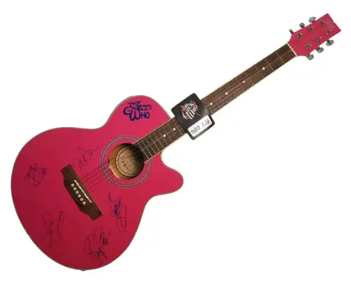 THE GUESS WHO AUTOGRAPHED JBP PINK ACOUSTIC GUITAR W BACKSTAGE PASS COLLECTIBLE MEMORABILIA