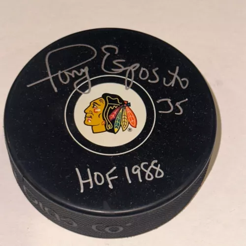 TONY ESPOSITO SIGNED CHICAGO BLACKHAWKS PUCK BECKETT AUTHENTICATED BAS & HOF INS COLLECTIBLE MEMORABILIA