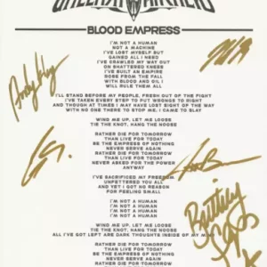 Unleash The Archers SIGNED Blood Empress Lyric Sheet COA Autographed Brittany +
