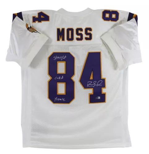 VIKINGS RANDY MOSS “STRAIGHT CASH HOMIE” SIGNED WHITE M&N JERSEY BAS WITNESSED COLLECTIBLE MEMORABILIA