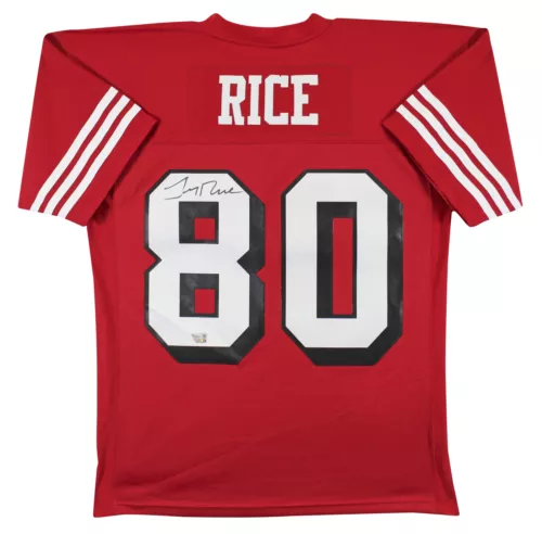 49ERS JERRY RICE SIGNED RED M&N JERSEY W/ DROPSHADOW FANATICS #QL84398928 COLLECTIBLE MEMORABILIA
