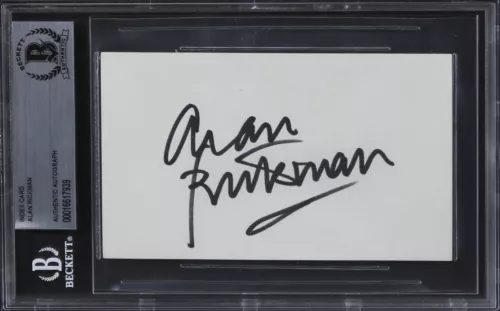 ALAN RICKMAN DIE HARD AUTHENTIC SIGNED 3×5 INDEX CARD AUTOGRAPHED BAS SLABBED COLLECTIBLE MEMORABILIA