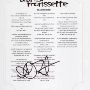 ALANIS MORISSETTE SIGNED ALL I REALLY WANT LYRIC SHEET