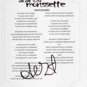 ALANIS MORISSETTE SIGNED HAND IN MY POCKET LYRIC SHEET JAGGED LITTLE PILL