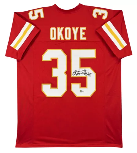 Christian Okoye Authentic Signed Red Pro Style Jersey Autographed BAS Witnessed Autographia