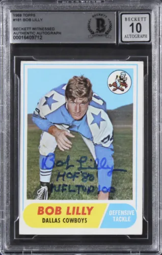 COWBOYS BOB LILLY “2X INSC.” SIGNED 1968 TOPPS #181 CARD AUTO 10! BAS SLABBED COLLECTIBLE MEMORABILIA