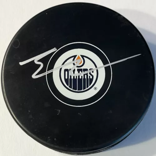 EVAN BOUCHARD SIGNED AUTOGRAPHED EDMONTON OILERS LOGO HOCKEY PUCK PSA/DNA COLLECTIBLE MEMORABILIA