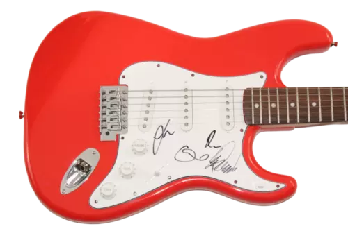 GLASS ANIMALS FULL BAND SIGNED AUTOGRAPH RED FENDER ELECTRIC GUITAR W/ JSA COA COLLECTIBLE MEMORABILIA