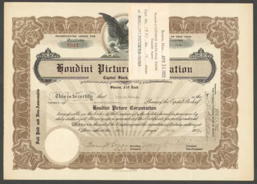 HARRY HOUDINI SIGNED 8.25×11.65 1922 HOUDINI PICTURE CORP. STOCK CERTIFICATE BAS COLLECTIBLE MEMORABILIA