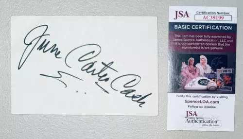 JUNE CARTER CASH SIGNED AUTOGRAPHED 4×6 CARD JSA CERTIFIED JOHNNY COLLECTIBLE MEMORABILIA