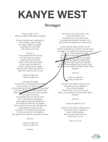 Kanye West Signed Autograph Stronger 8.5x11 Lyric Sheet Graduation Ye ACOA COA