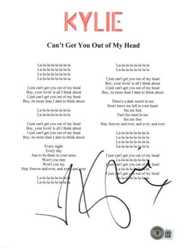 KYLIE MINOGUE SIGNED AUTOGRAPH CAN’T GET YOU OUT OF MY HEAD LYRIC SHEET BAS COA COLLECTIBLE MEMORABILIA