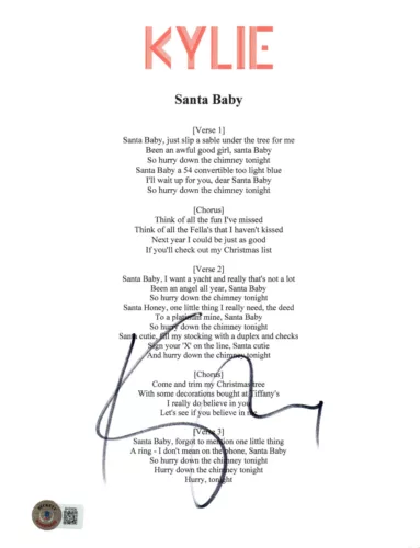KYLIE MINOGUE SIGNED AUTOGRAPH SANTA BABY SONG LYRIC SHEET 8.5×11 BECKETT COA COLLECTIBLE MEMORABILIA
