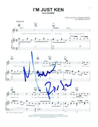 MARK RONSON SIGNED AUTOGRAPH I’M JUST KEN SHEET MUSIC – BARBIE MOVIE SOUNDTRACK COLLECTIBLE MEMORABILIA