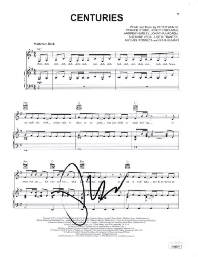 PETE WENTZ OF FALL OUT BOY SIGNED AUTOGRAPH CENTURIES SHEET MUSIC W/ JSA COA COLLECTIBLE MEMORABILIA