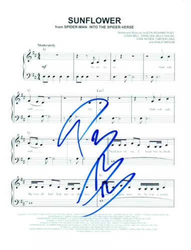 Post Malone Signed Autograph Sunflower Sheet Music Into The Spider-Verse COA