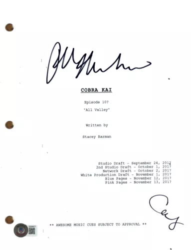 RALPH MACCHIO COURTNEY HENGGELER SIGNED COBRA KAI ALL VALLEY FULL SCRIPT BAS COA COLLECTIBLE MEMORABILIA