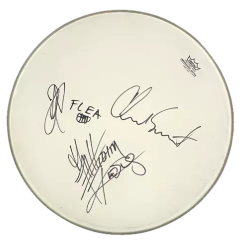 RED HOT CHILI PEPPERS BAND SIGNED AUTOGRAPH 16″ DRUMHEAD – ANTHONY KIEDIS +3 JSA COLLECTIBLE MEMORABILIA