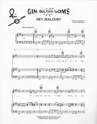 Robin Wilson of Gin Blossoms SIGNED Hey Jealousy Sheet Music COA Autographed