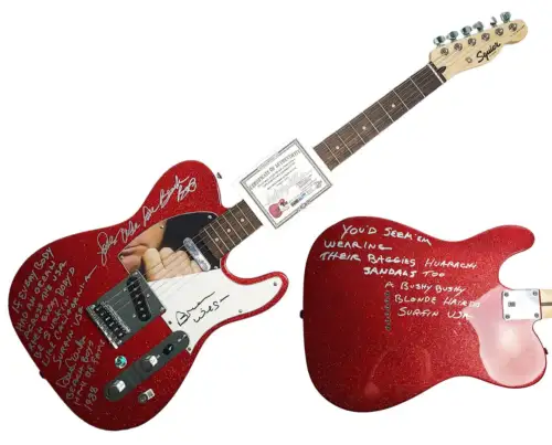 THE BEACH BOYS SIGNED FENDER GUITAR W SURFIN USA LYRICS EXACT PROOF BAS WITNESS COLLECTIBLE MEMORABILIA