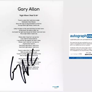 ‘Gary Allan’ Signed ‘Right Where I Need To Be’ Lyric Sheet ACOA Country Legend