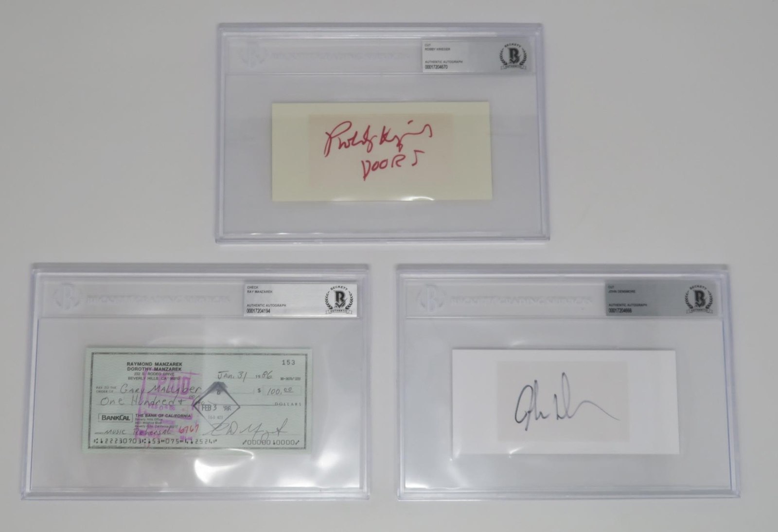 THE DOORS Signed Autograph Auto Index Card Cut Page Check Set by 3 Slab BAS JSA