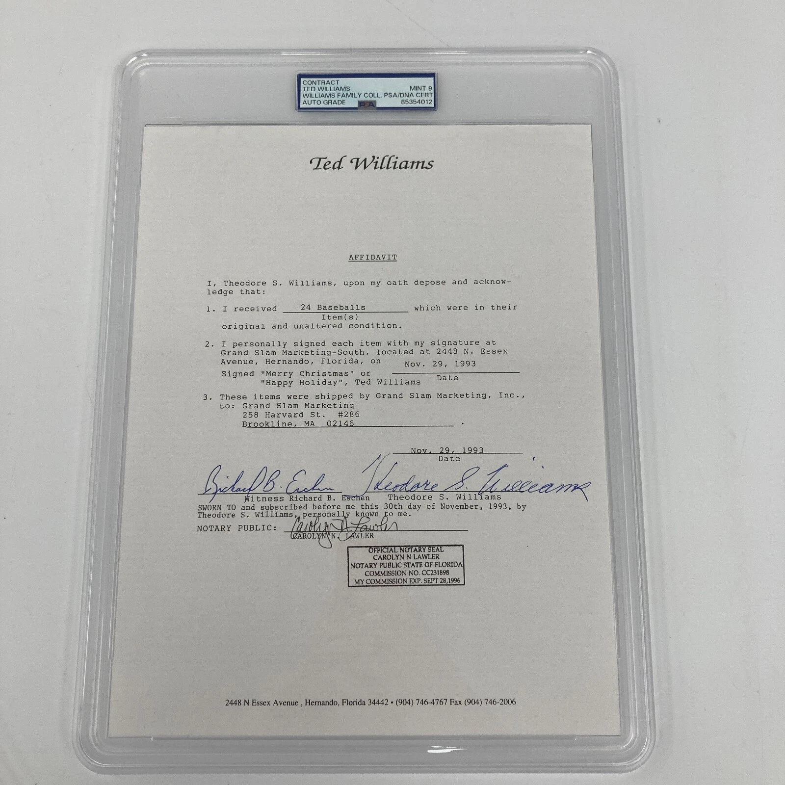 Ted Williams Full Name Signed Original Contract PSA DNA Graded MINT 9