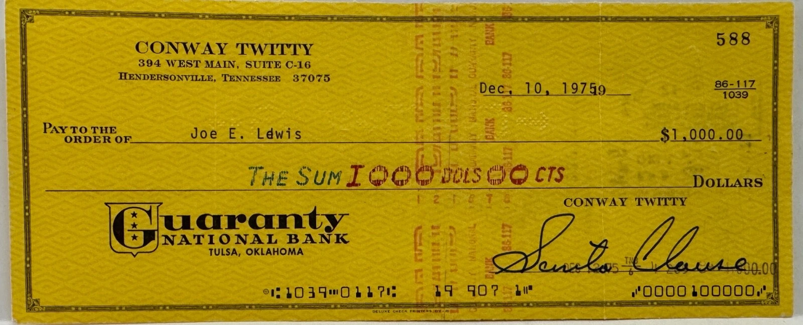 CONWAY TWITTY Signed Autograph Santa Clause Check Paid to Joe Lewis, Bass Player
