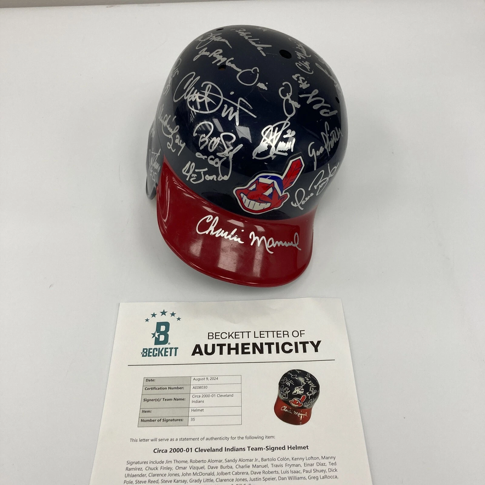 2000 CLEVELAND INDIANS TEAM SIGNED GAME HELMET MANNY RAMIREZ JIM THOME BECKETT COLLECTIBLE MEMORABILIA