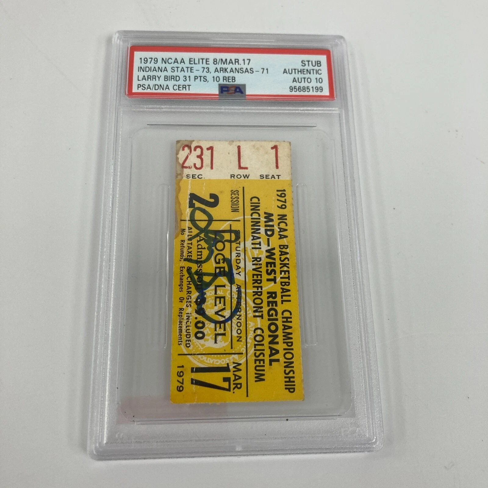 Larry Bird Signed 1979 NCAA Championship Elite 8 Ticket PSA 10 GEM MINT POP 3