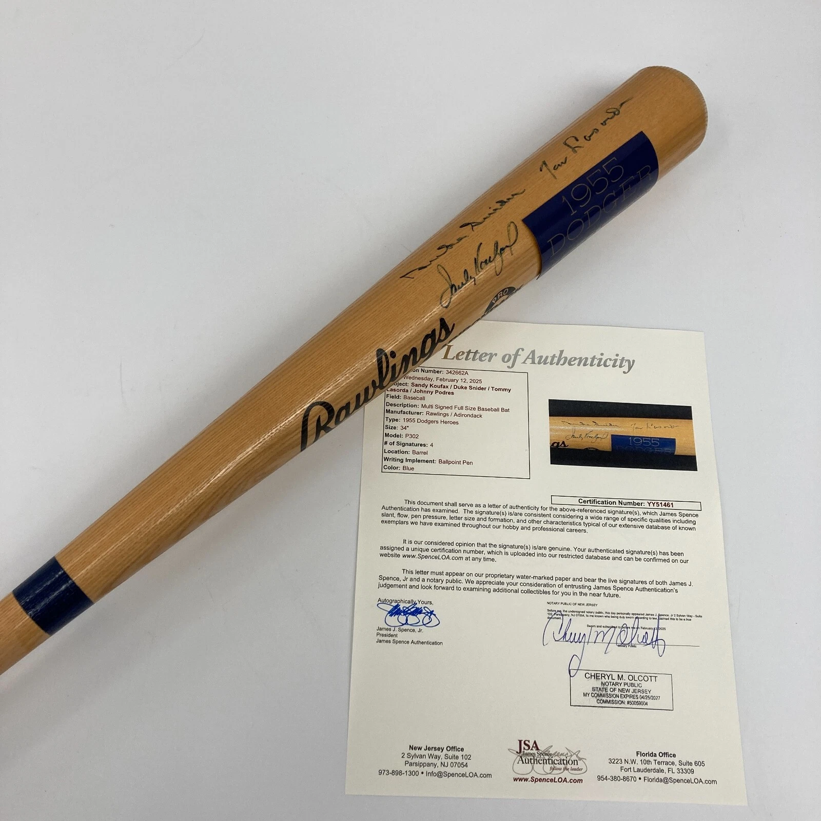 Sandy Koufax 1955 Dodgers World Series Champs Multi Signed Baseball Bat JSA COA