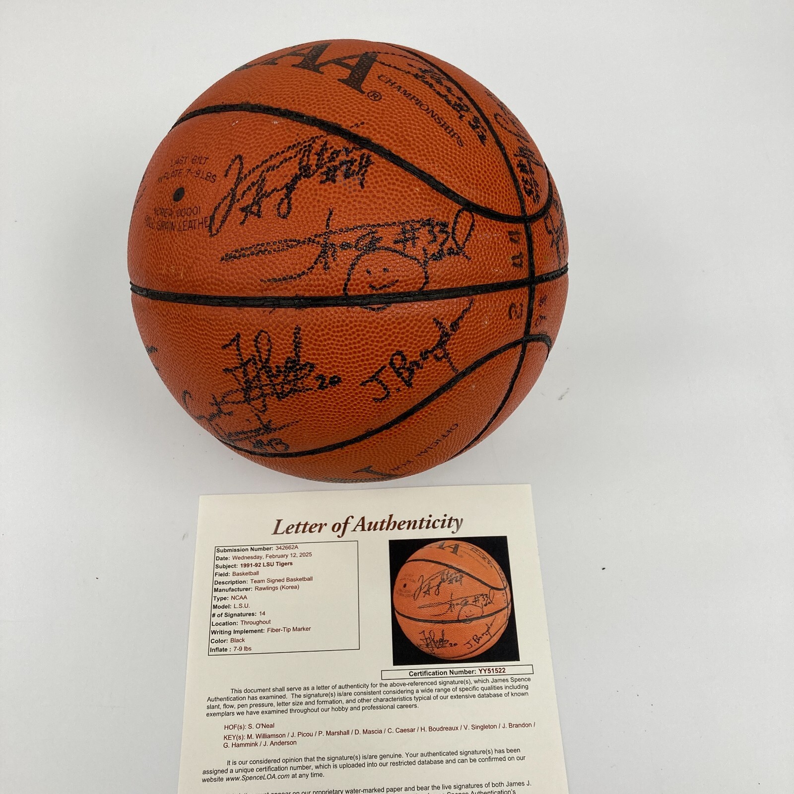 1991-92 LSU TEAM SIGNED FINAL FOUR GAME USED BASKETBALL SHAQUILLE O’NEAL JSA COLLECTIBLE MEMORABILIA
