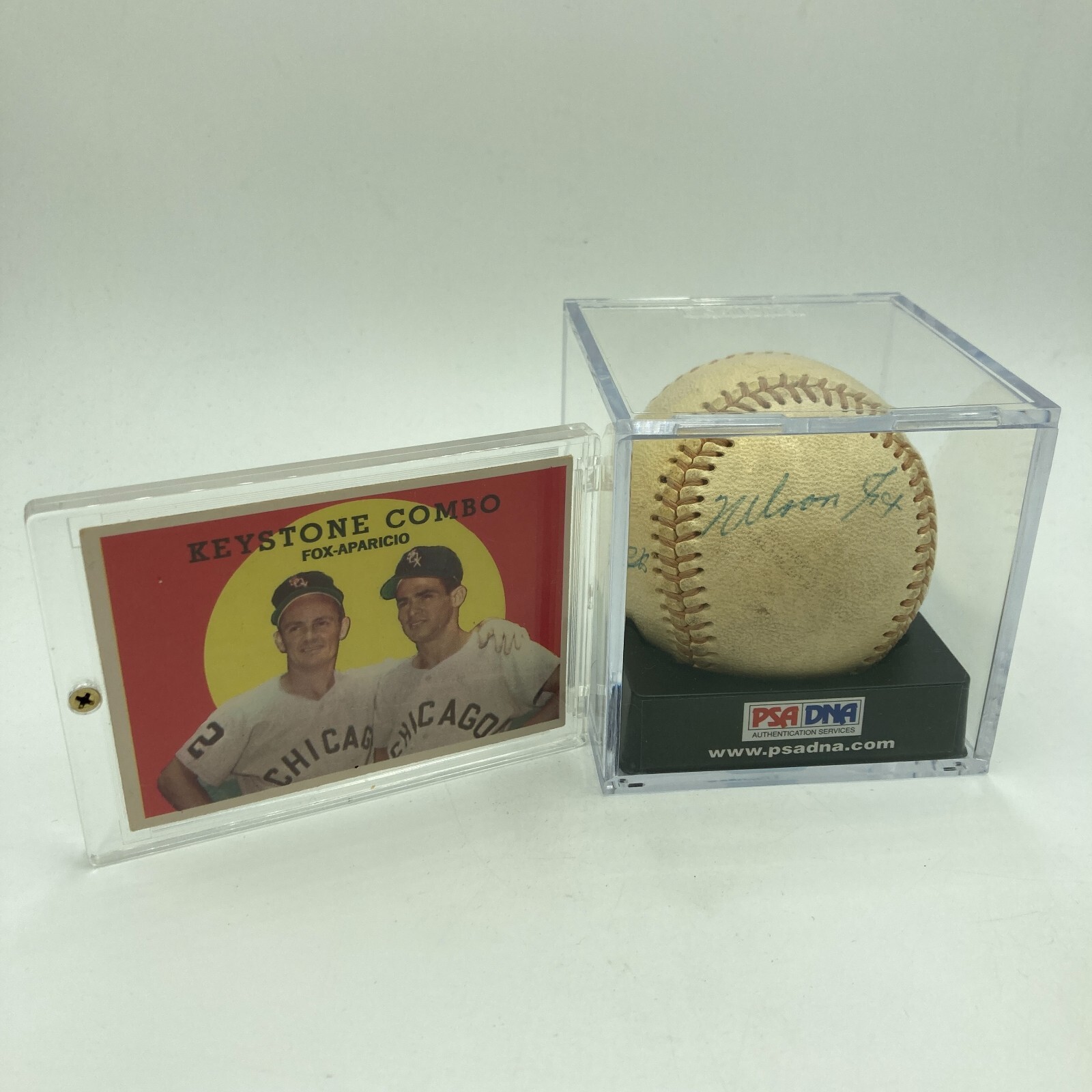 Nellie Fox & Luis Aparicio Signed 1950's Baseball With Topps Card PSA DNA COA