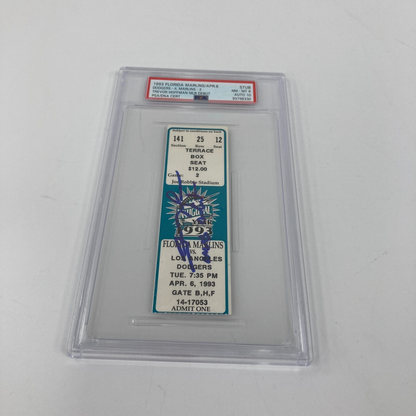 1993 Trevor Hoffman Signed MLB Debut Ticket PSA Auto 10 April 6, 1993