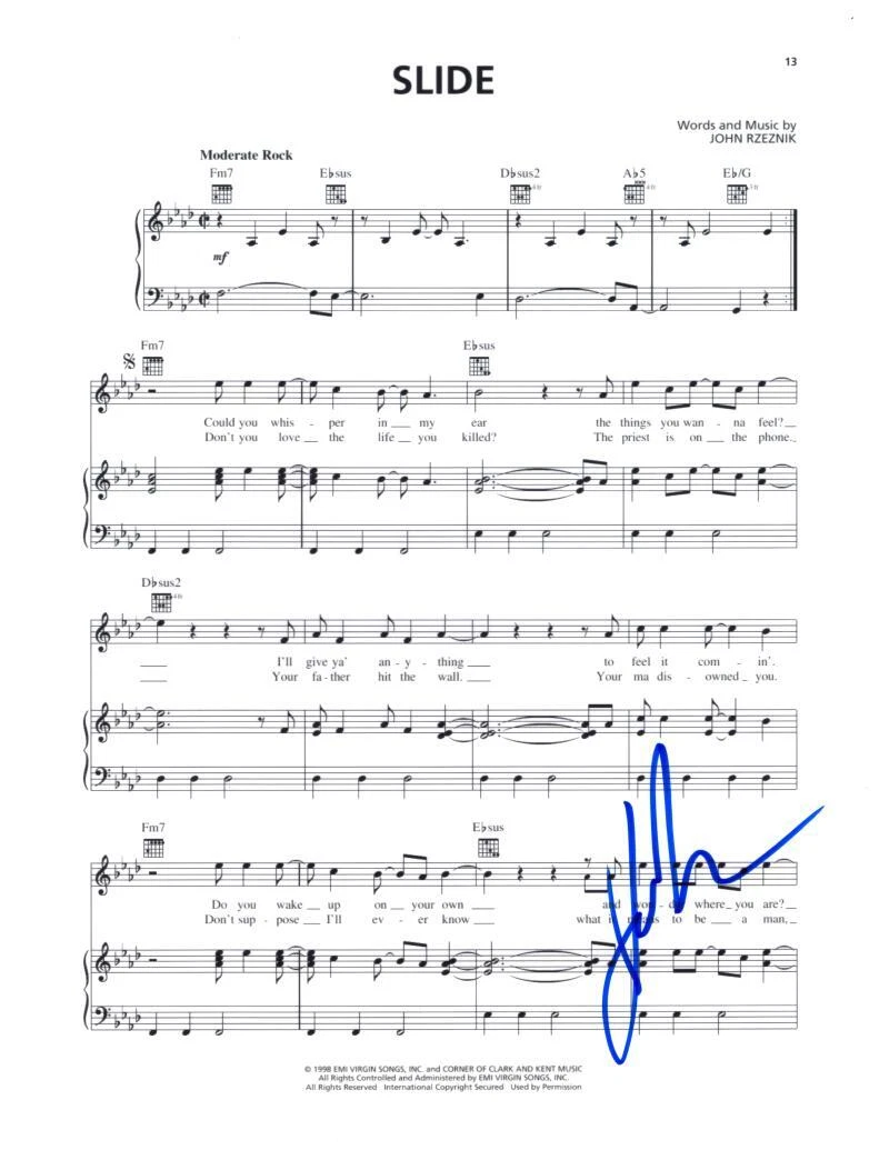 John Rzeznik Goo Goo Dolls Signed Autograph Slide Sheet Music Dizzy Up the Girl