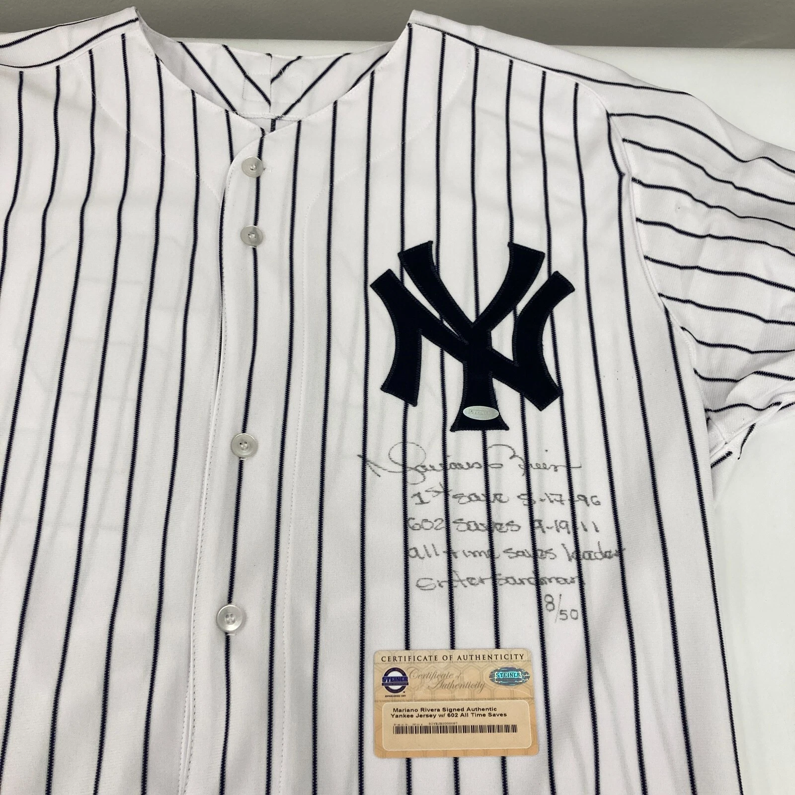 Mariano Rivera Signed Heavily Inscribed NY Yankees STAT Jersey Steiner COA