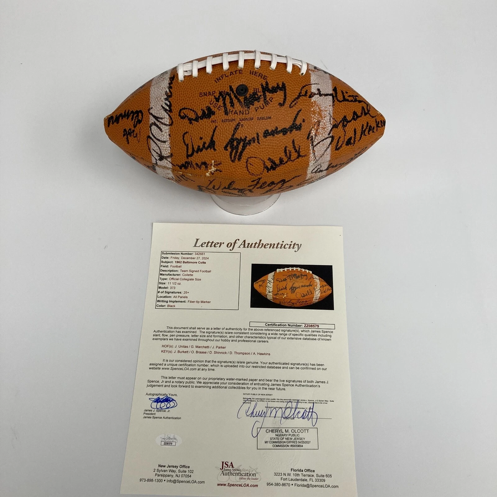 Johnny Unitas 1962 Baltimore Colts Team Signed Football JSA COA