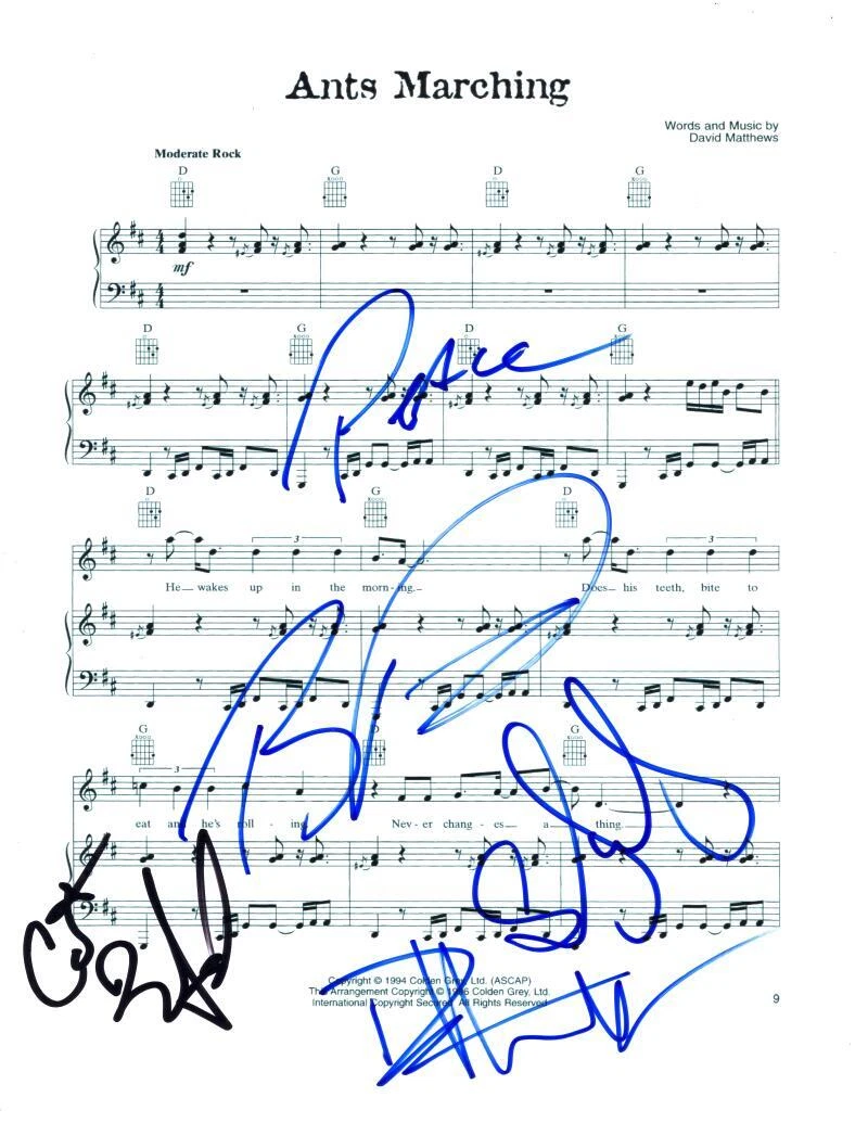 Dave Matthews Band x4 Signed Autograph Ants Marching Sheet Music w/ Beckett COA
