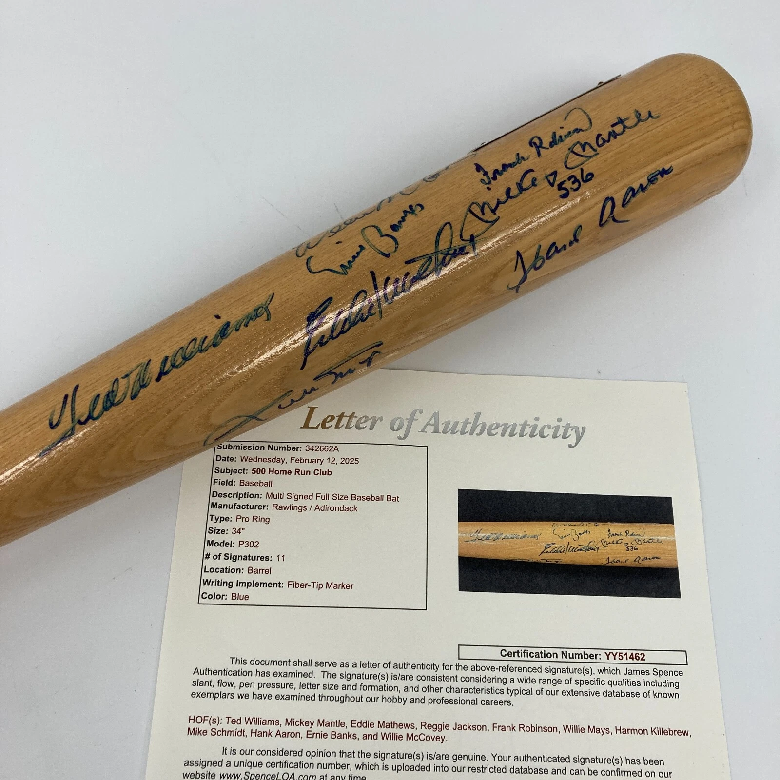 500 Home Run Club Signed Bat Mickey Mantle Ted Williams Willie Mays JSA COA