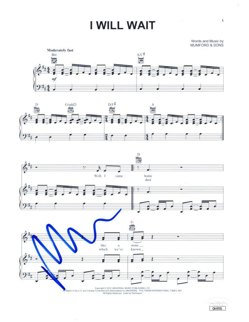 Marcus Mumford Signed Autograph I Will Wait Sheet Music - Mumford & Sons JSA COA